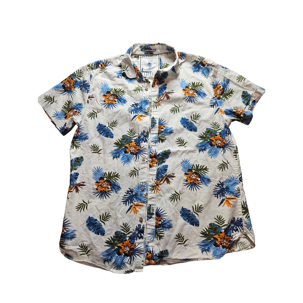 Cactus Man Ricky Singh Men Medium Tropical Floral Cotton Button Down Shirt White